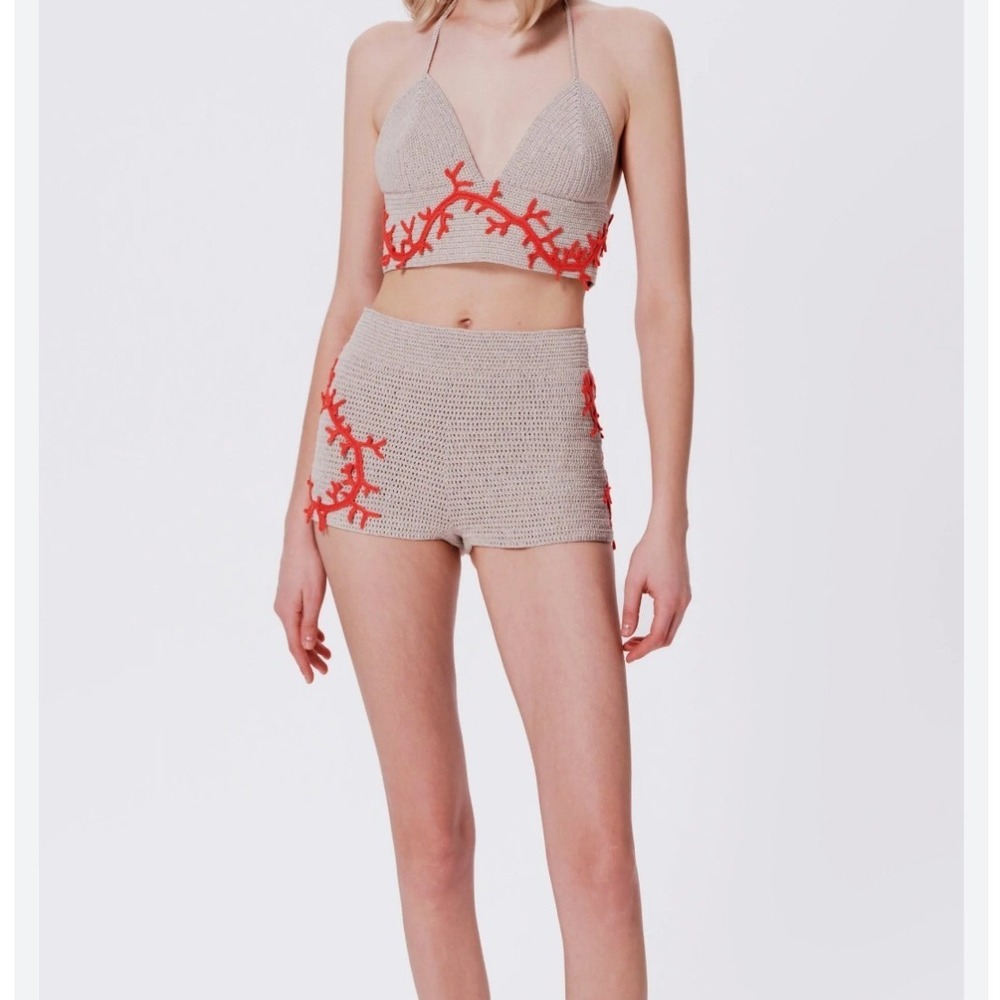 My Beachy Side Atlas Hand-Crochet Halter Top and Shorts Set Beige Red Size S NEW